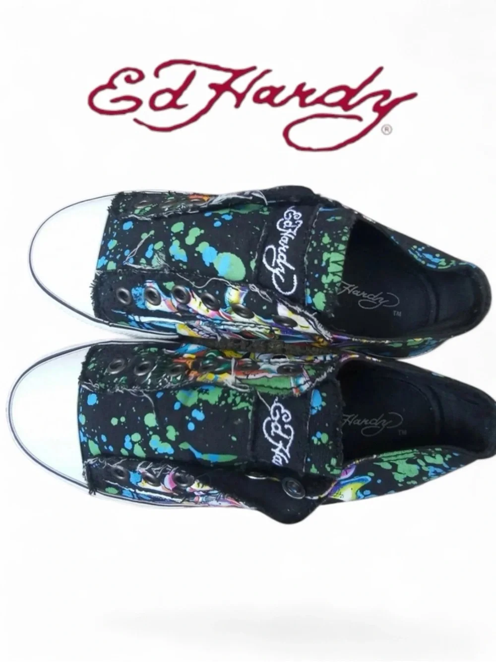 Ed Hardy Distressed Skull Dagger Laceless Low-Top Canvas Sneakers - Size 9